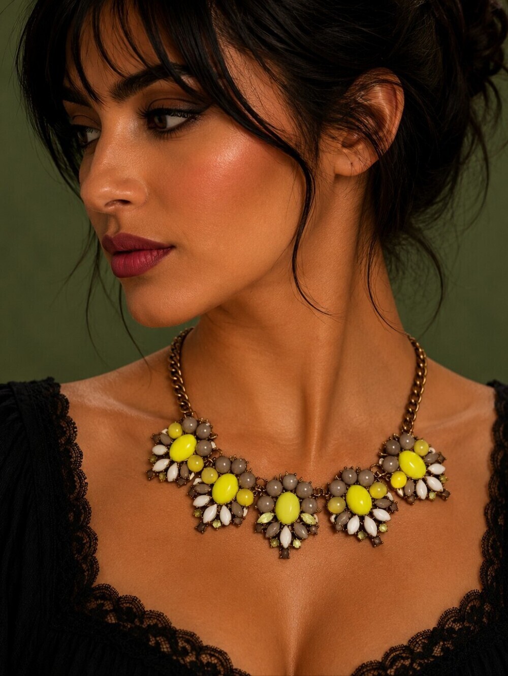 VTG 1980s Neon Gem Floral Bib Chain Victorian Style Necklace